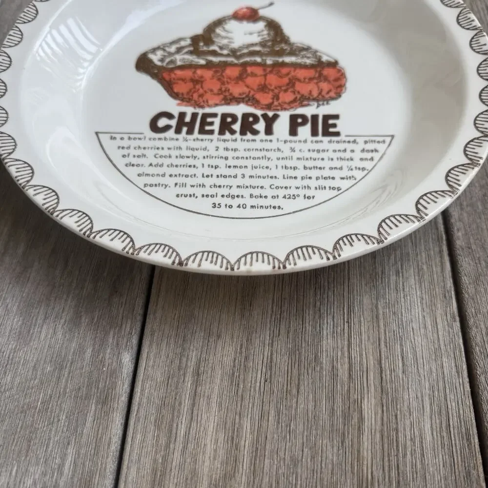 Vintage Cherry Pie Recipe Plate Ceramic Baking Dish Kitchen Decor Granny Cottage